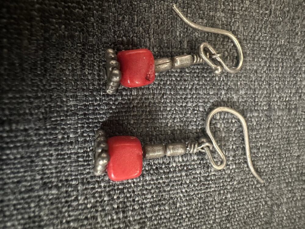 Red Bead Silver Tone Dangle Earrings Boho Artisan Style